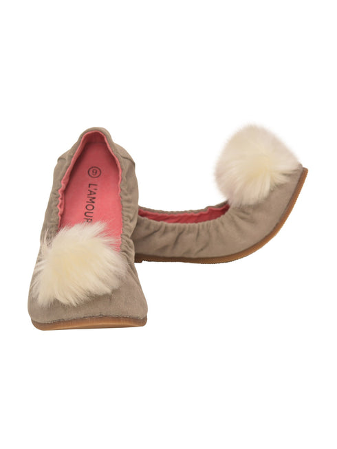 L'Amour Girls Gray Suede Faux Fur Pom Pom Flats 11-4 Kids - SophiasStyle.com